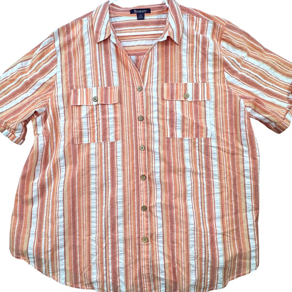 Roaman's Button Up Shirt Womens 26W Orange Stripe Short Sleeve Cotton Casual Top